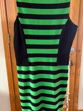 Vince Camuto Black and Green Striped Midi Sheath Dress